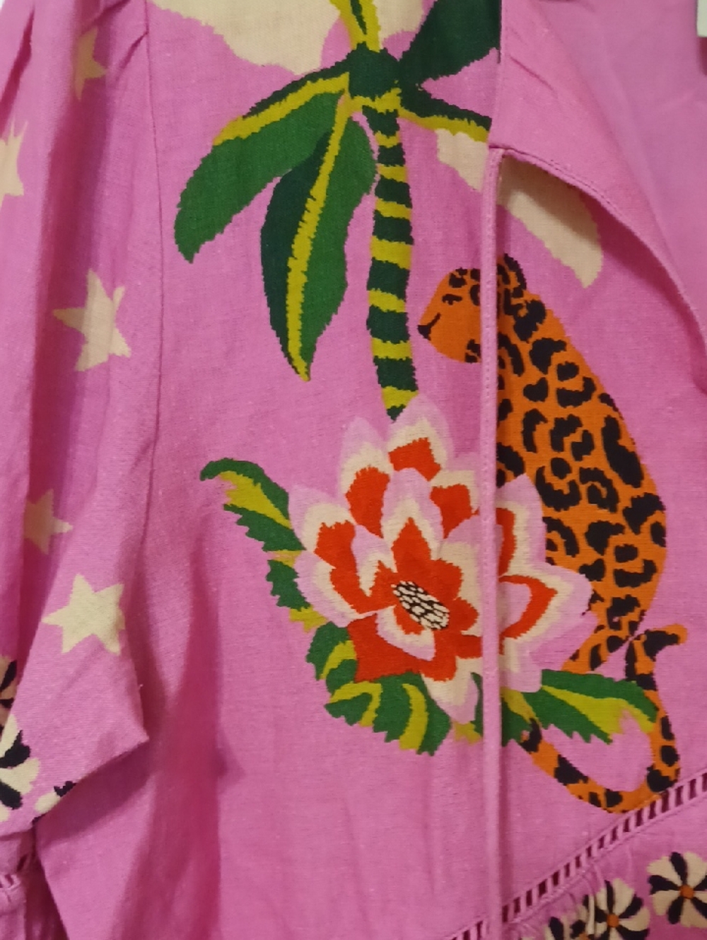 FARM rio Sz L, Leopard Forest Linen Blend, Pink Floral Mini Dress. Fully Lind - Picture 3 of 10
